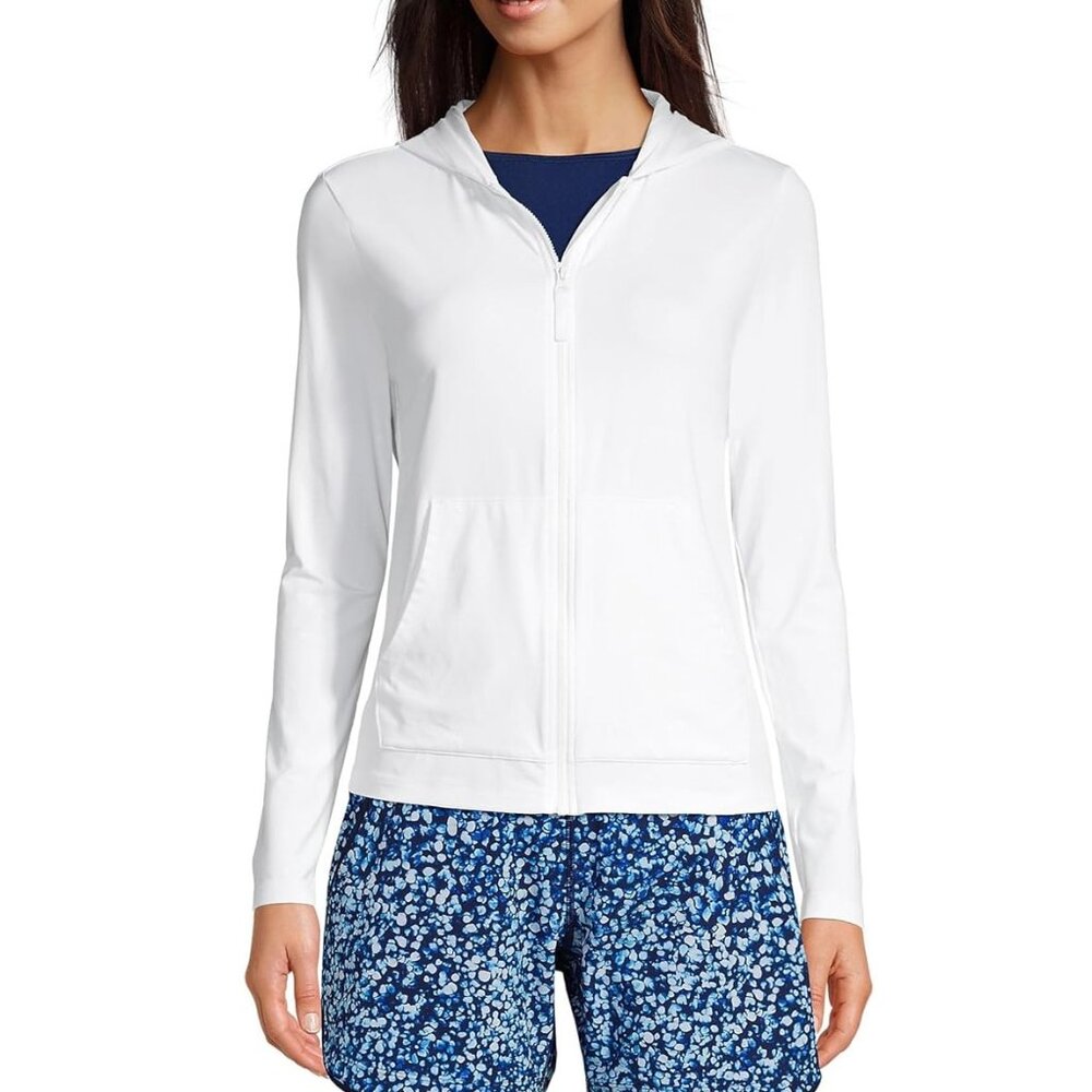 NWoT Lands' End Women's Full Zip Hooded UPF50 Rashguard White Size L $60 FR04